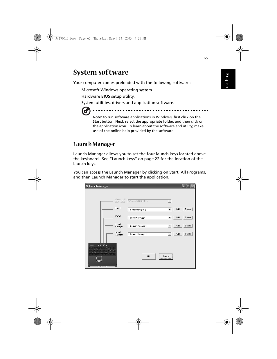 System software, Launch manager | Acer Aspire 1700 User Manual | Page 75 / 102