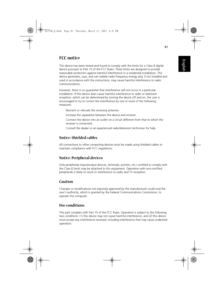 Fcc notice, Notice: shielded cables, Notice: peripheral devices | Caution, Use conditions | Acer Aspire 1700 User Manual | Page 91 / 102