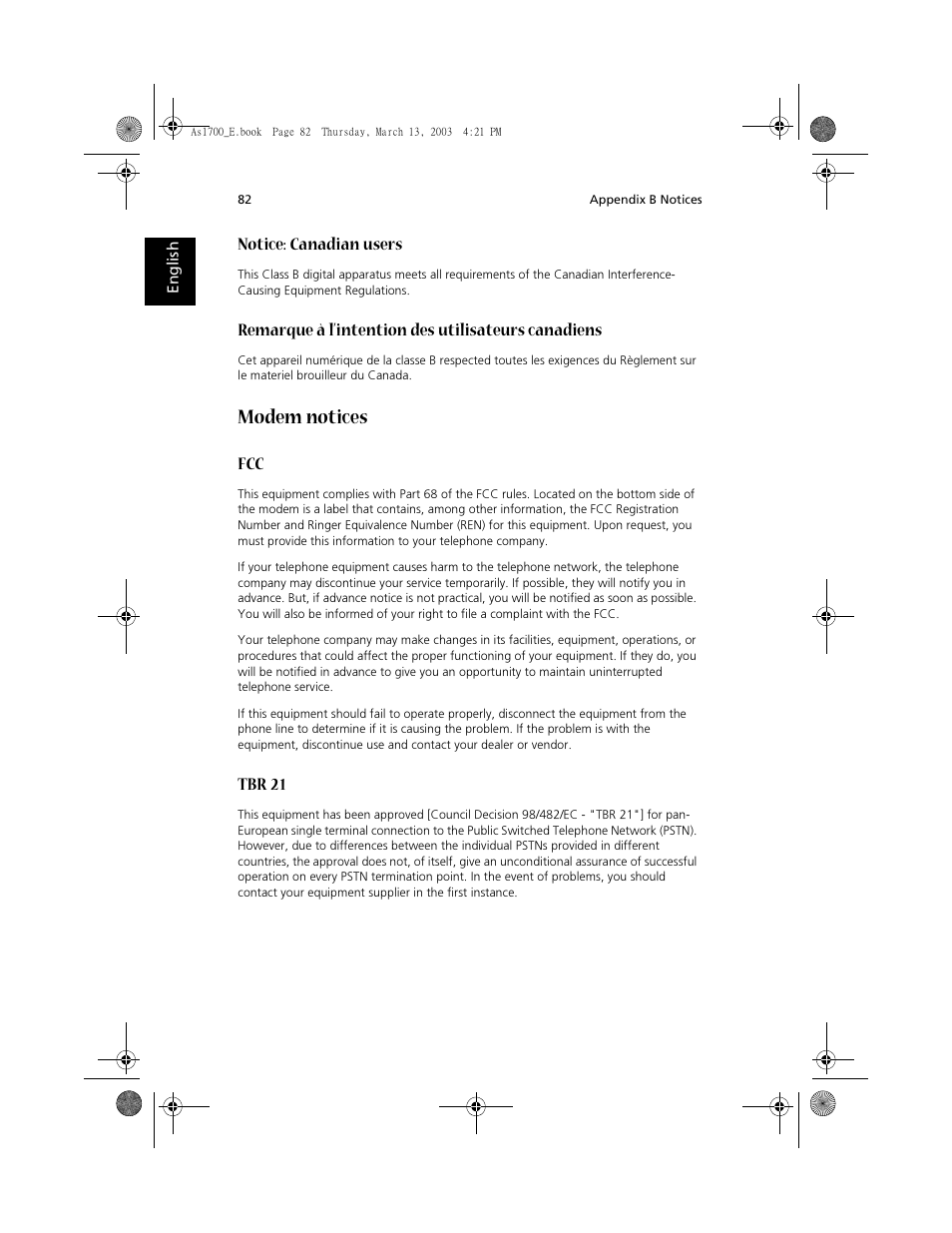 Modem notices, Notice: canadian users, Remarque à l’intention des utilisateurs canadiens | Tbr 21 | Acer Aspire 1700 User Manual | Page 92 / 102