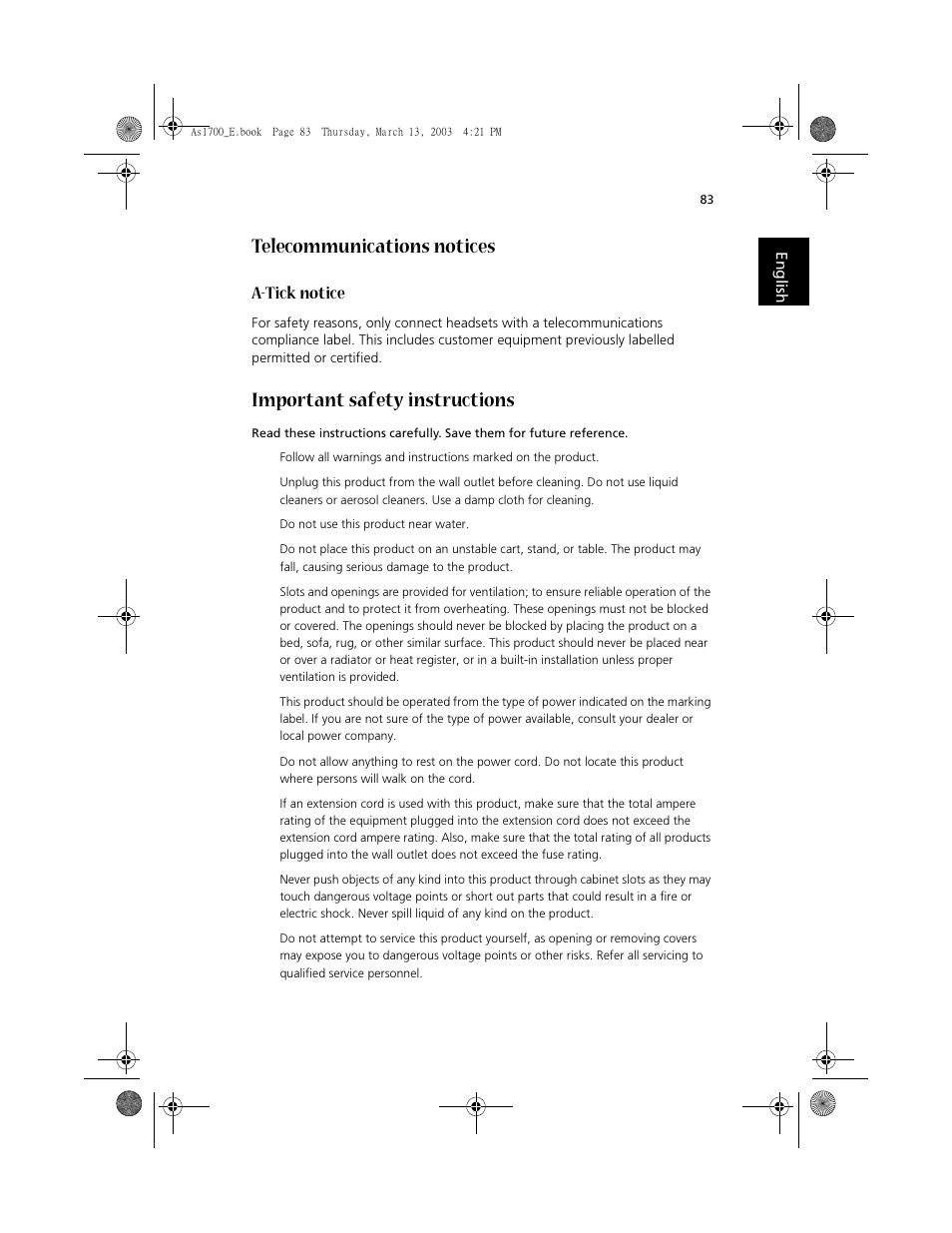 Telecommunications notices, Important safety instructions, A-tick notice | Acer Aspire 1700 User Manual | Page 93 / 102