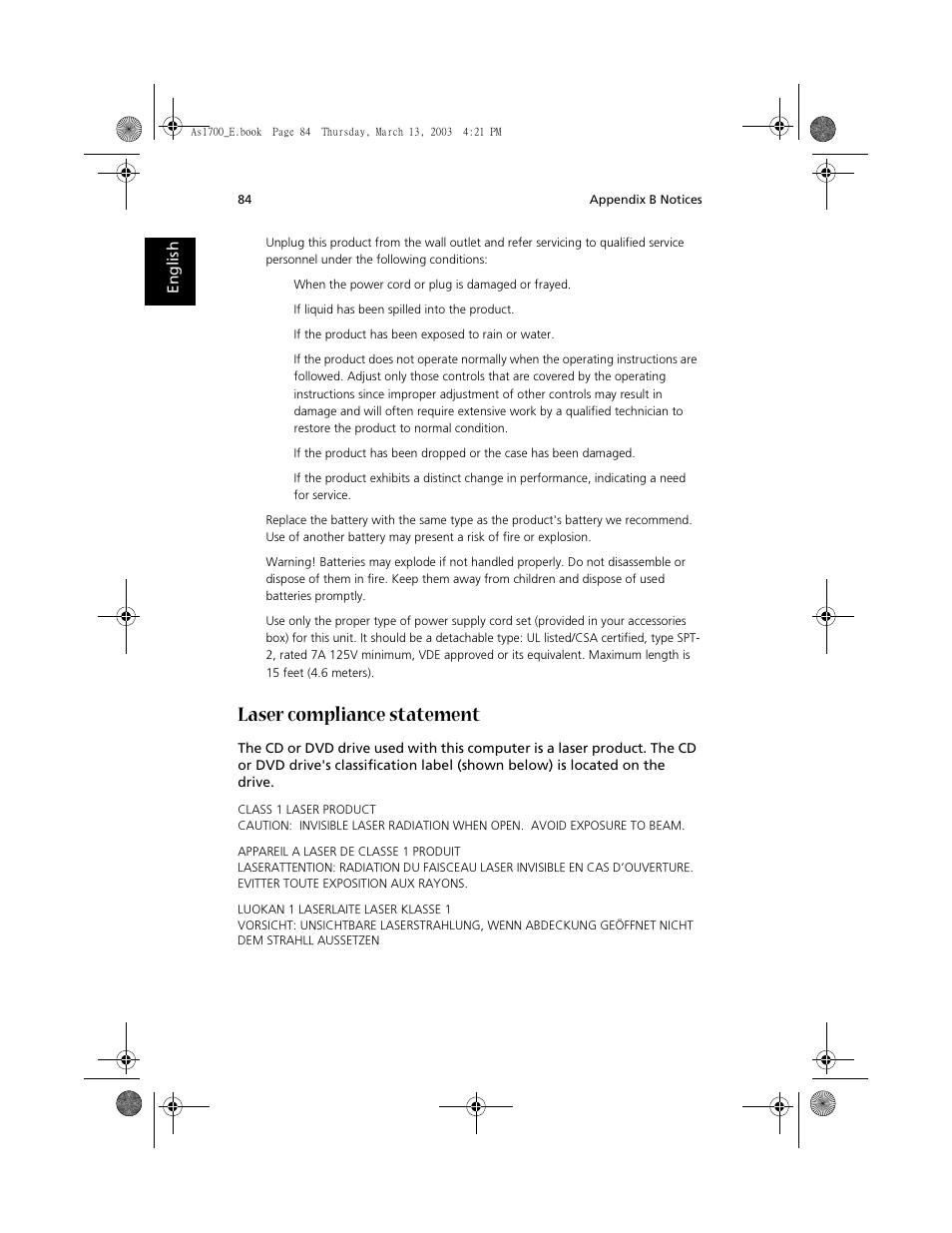 Laser compliance statement | Acer Aspire 1700 User Manual | Page 94 / 102