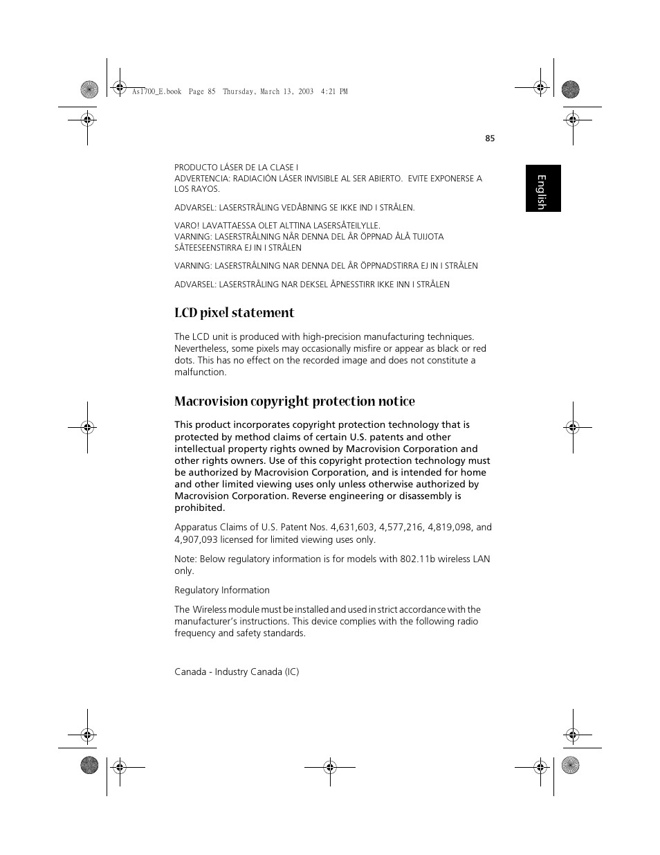 Lcd pixel statement, Macrovision copyright protection notice | Acer Aspire 1700 User Manual | Page 95 / 102