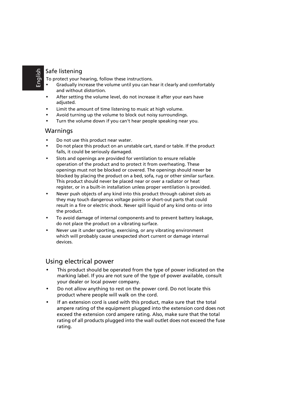 Using electrical power, Warnings, Safe listening | Eng lish, ᑒ஀ኁጒ | Acer V246HYL User Manual | Page 4 / 7