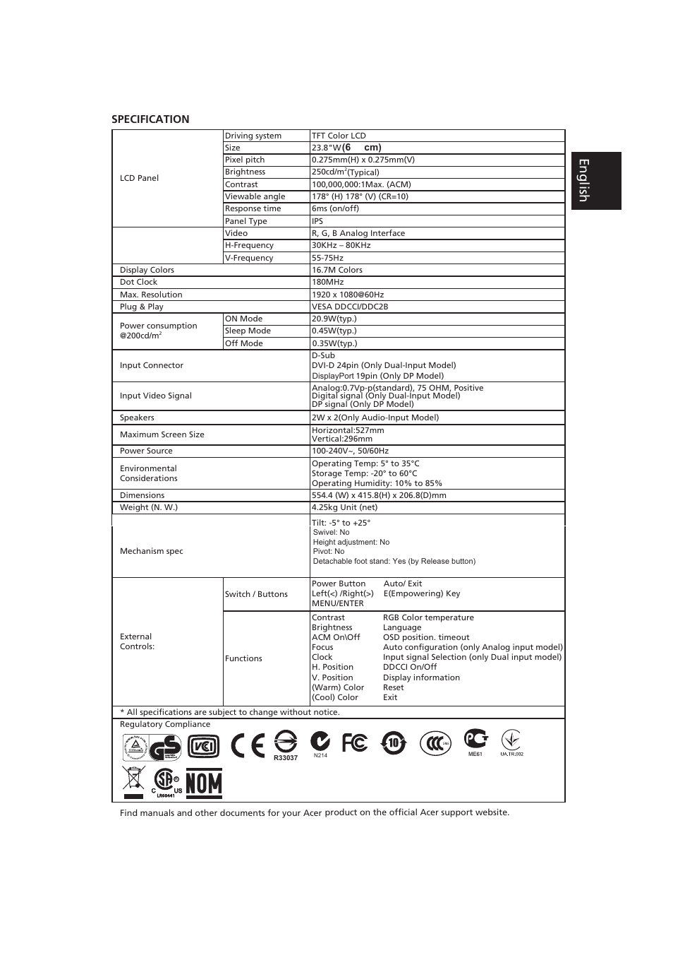 Regulations and safety notices, Eng lish, Specification | Acer V246HYL User Manual | Page 7 / 7