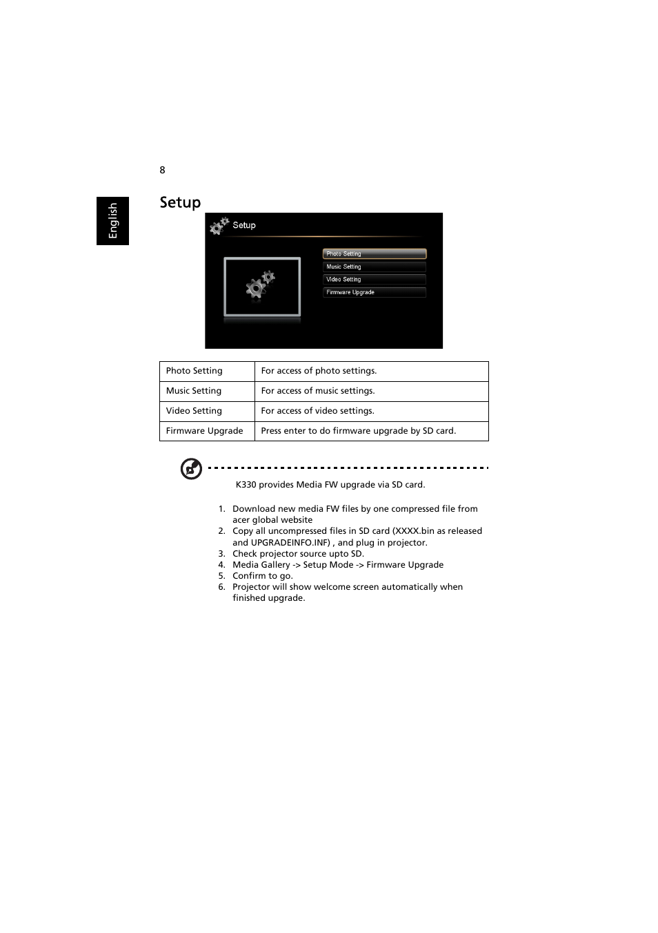 Setup | Acer K330 User Manual | Page 10 / 27
