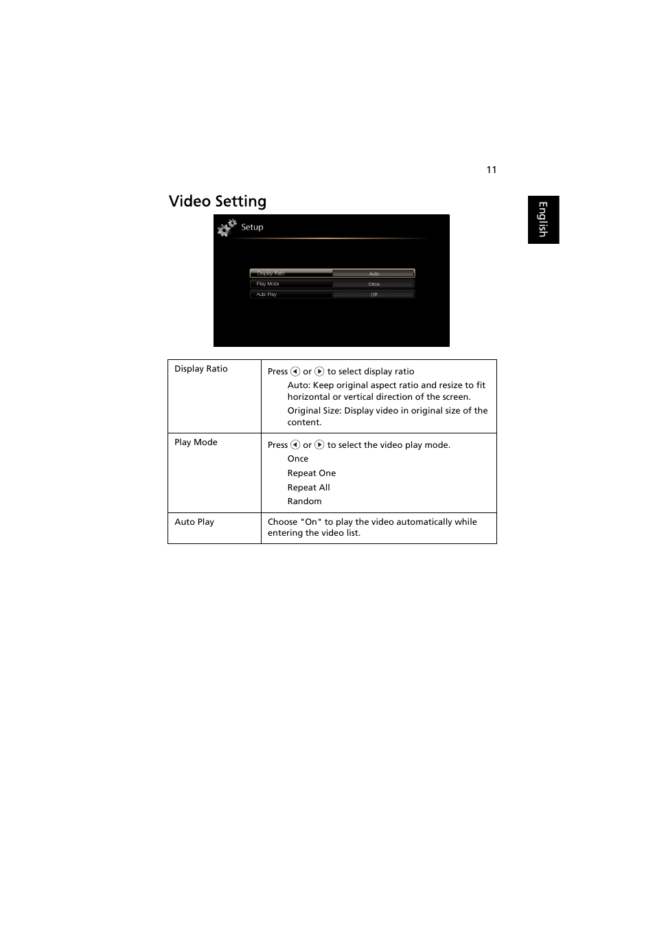 Video setting | Acer K330 User Manual | Page 13 / 27