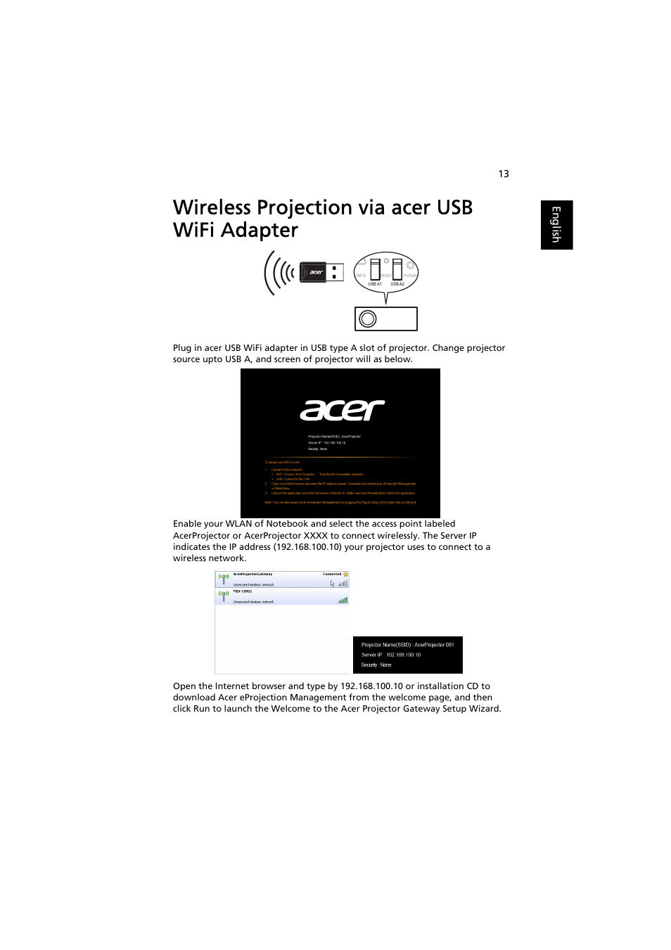 Wireless projection via acer usb wifi adapter | Acer K330 User Manual | Page 15 / 27