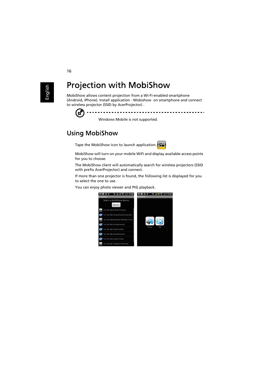 Projection with mobishow, Using mobishow | Acer K330 User Manual | Page 18 / 27