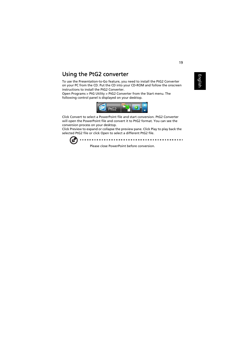 Using the ptg2 converter | Acer K330 User Manual | Page 21 / 27