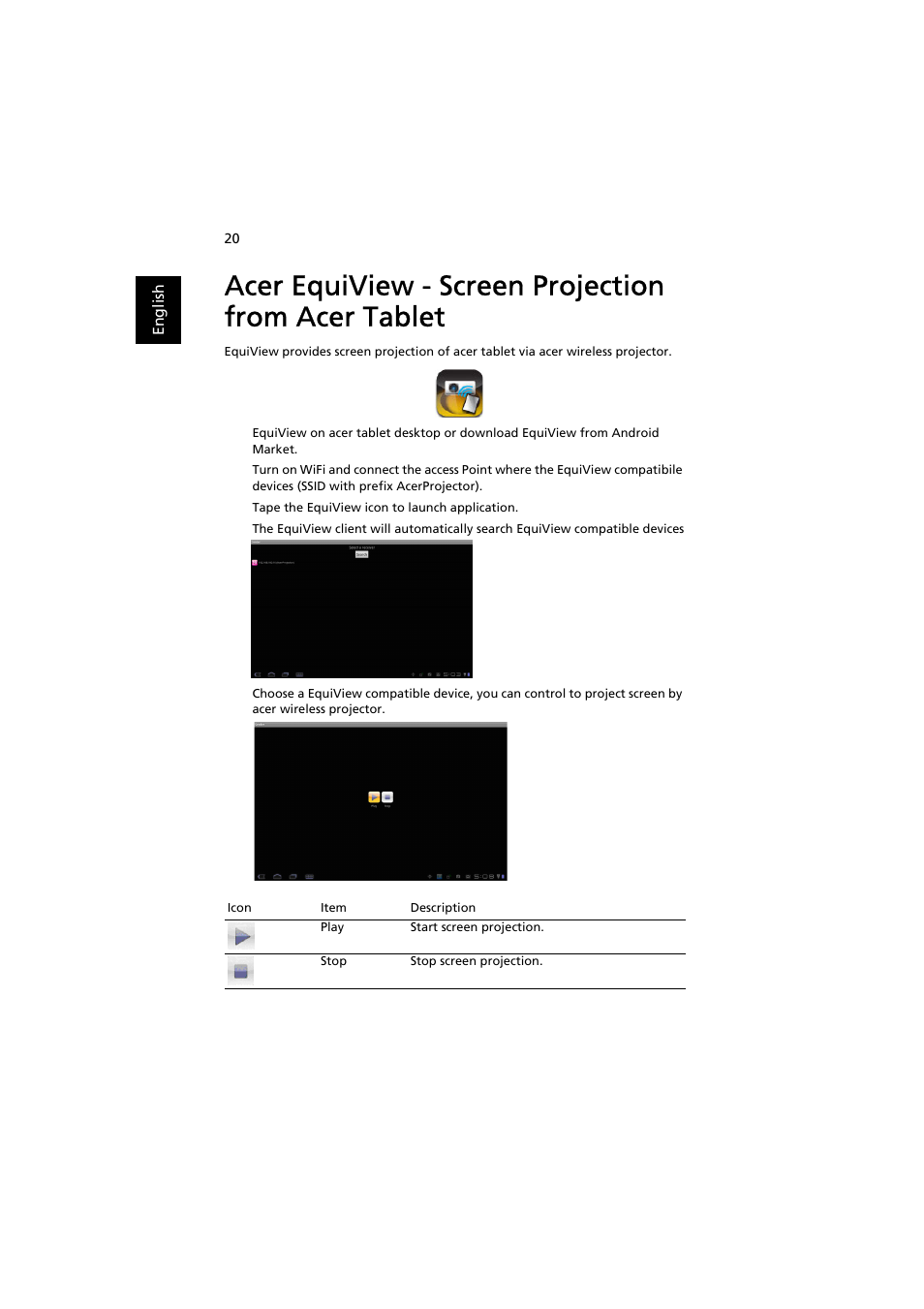 Acer equiview - screen projection from acer tablet | Acer K330 User Manual | Page 22 / 27