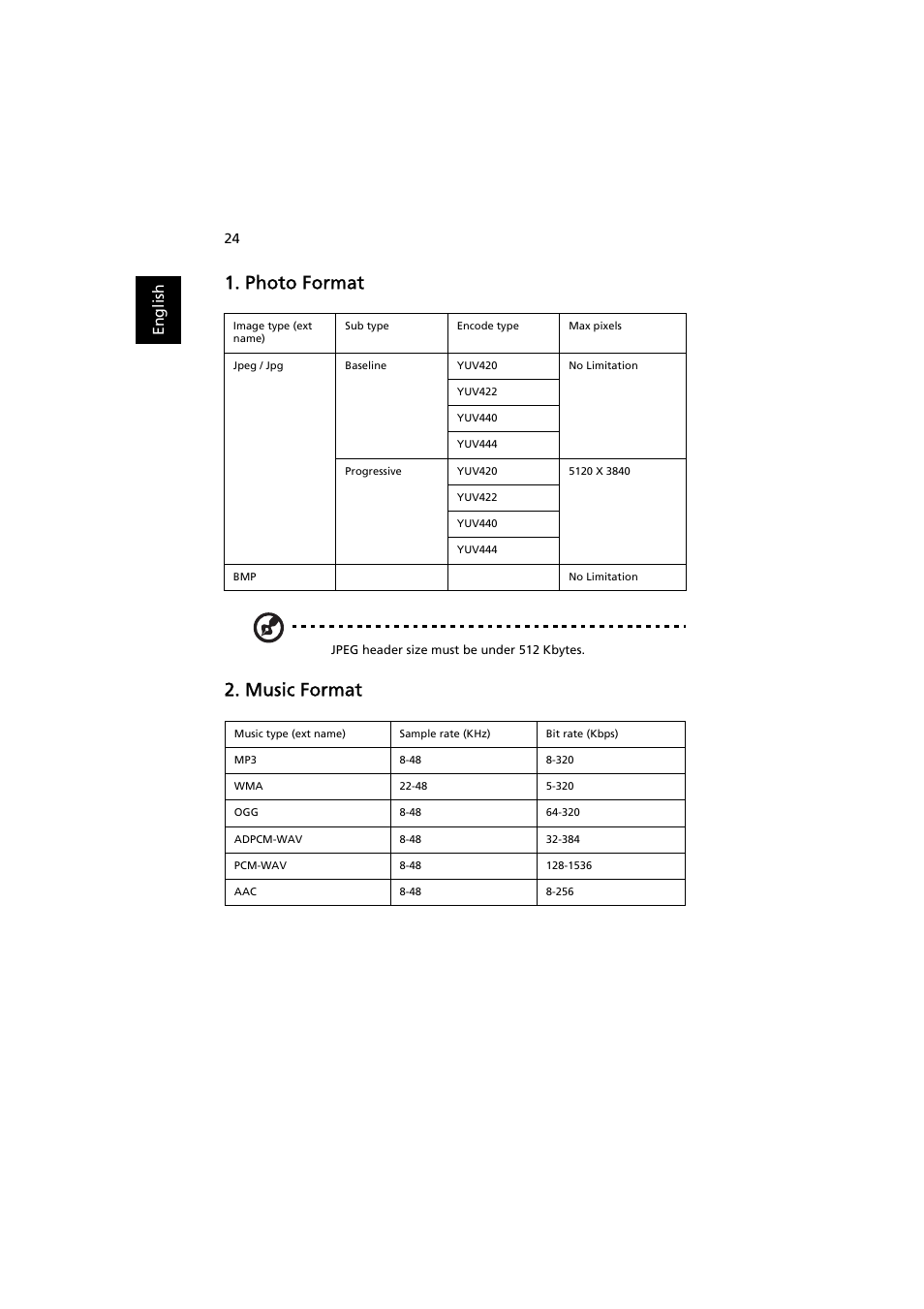 Photo format, Music format | Acer K330 User Manual | Page 26 / 27