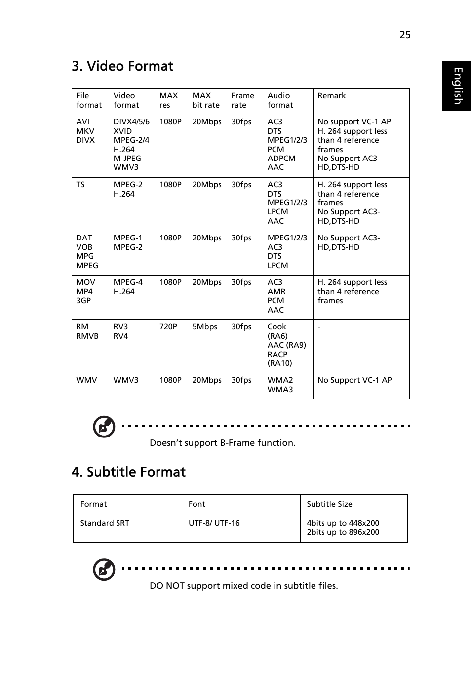 Video format, Subtitle format, Eng lis h | Acer K330 User Manual | Page 27 / 27