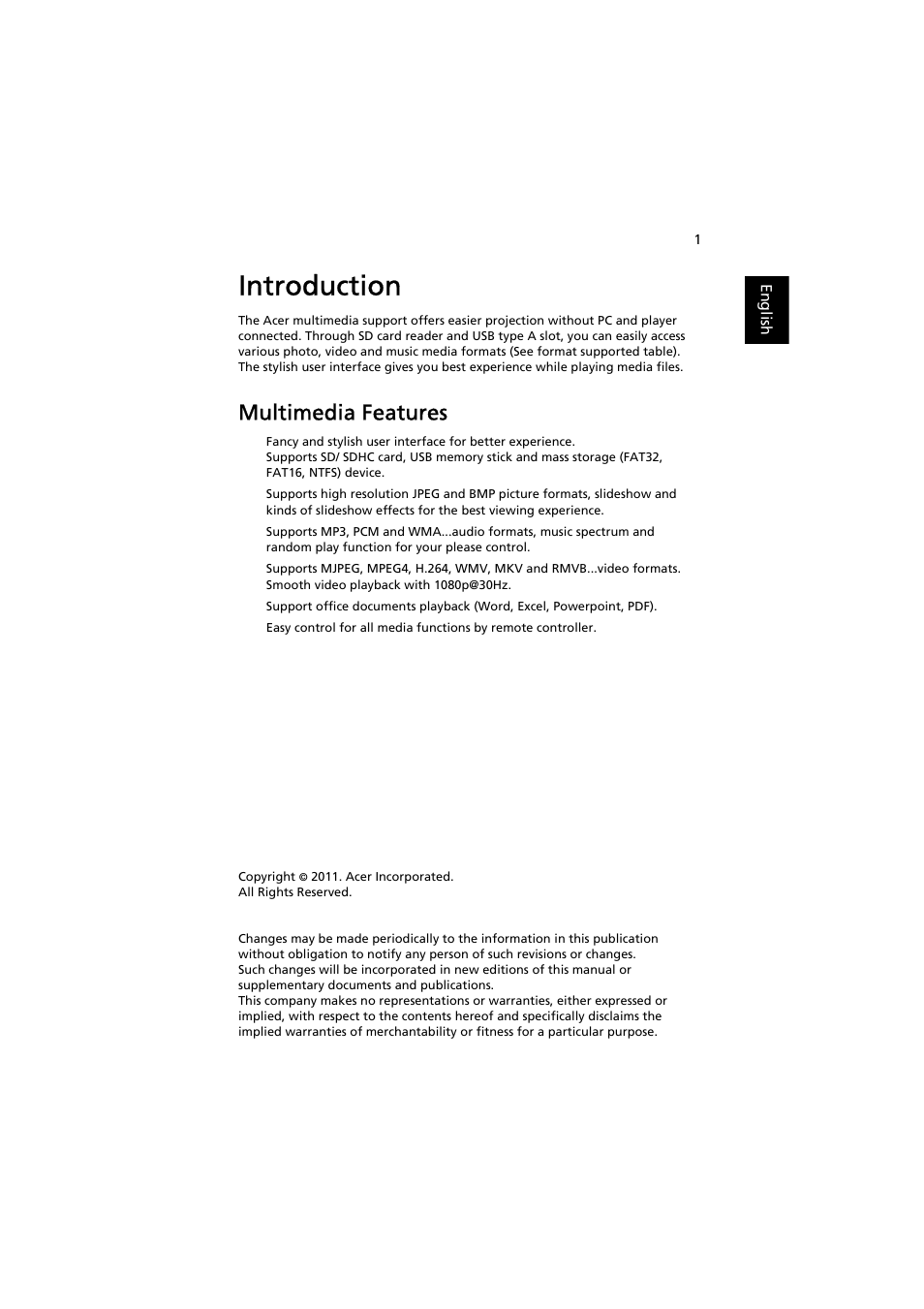 Introduction, Multimedia features | Acer K330 User Manual | Page 3 / 27