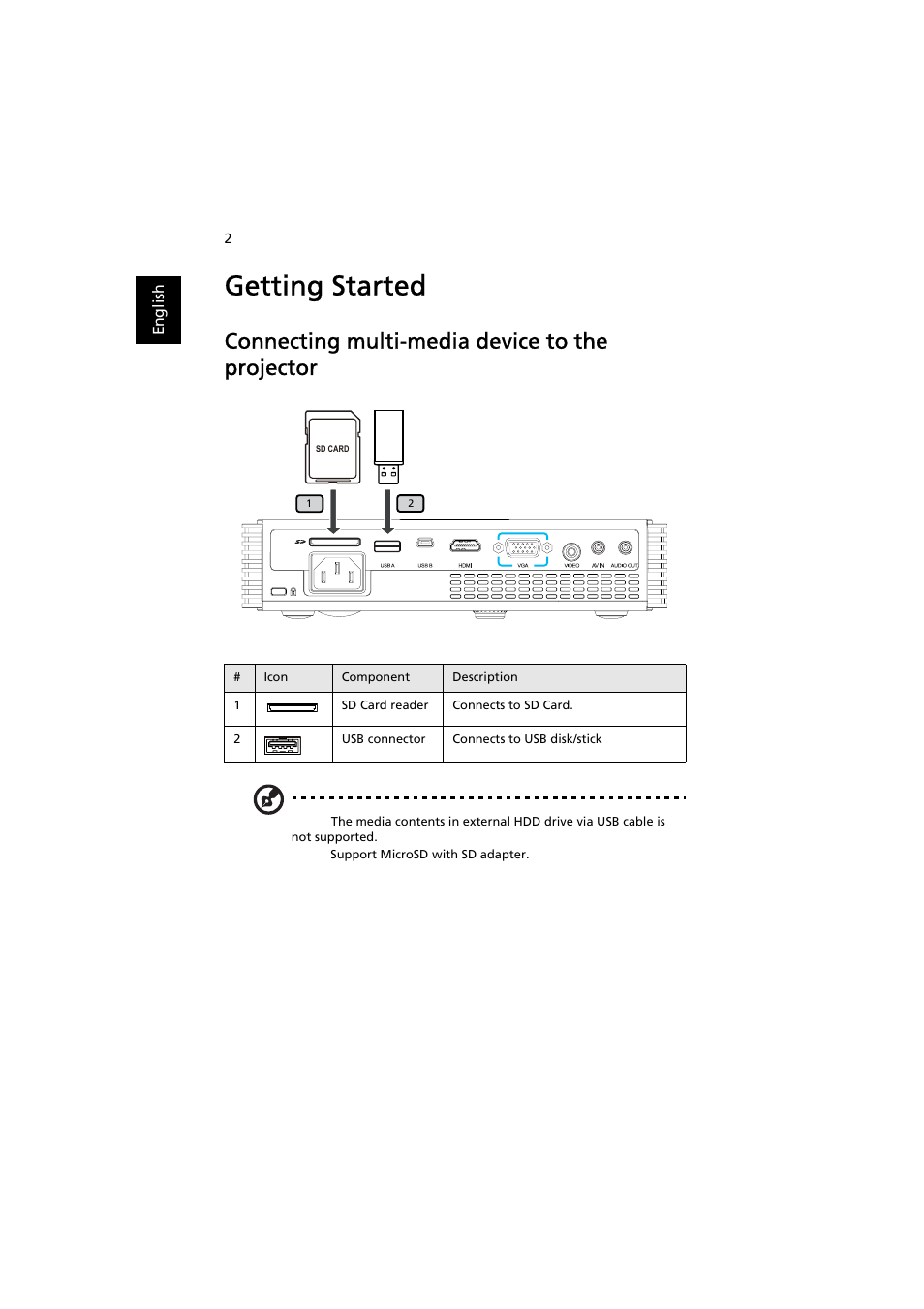 Getting started, Connecting multi-media device to the projector | Acer K330 User Manual | Page 4 / 27