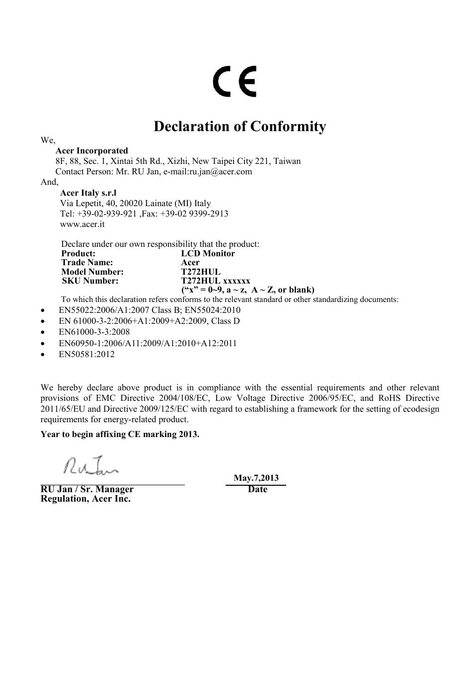 Declaration of conformity | Acer T272HUL User Manual | Page 21 / 24