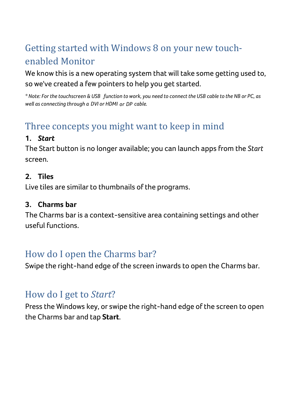 Three concepts you might want to keep in mind, How do i open the charms bar, How do i get to start | Acer T272HUL User Manual | Page 23 / 24