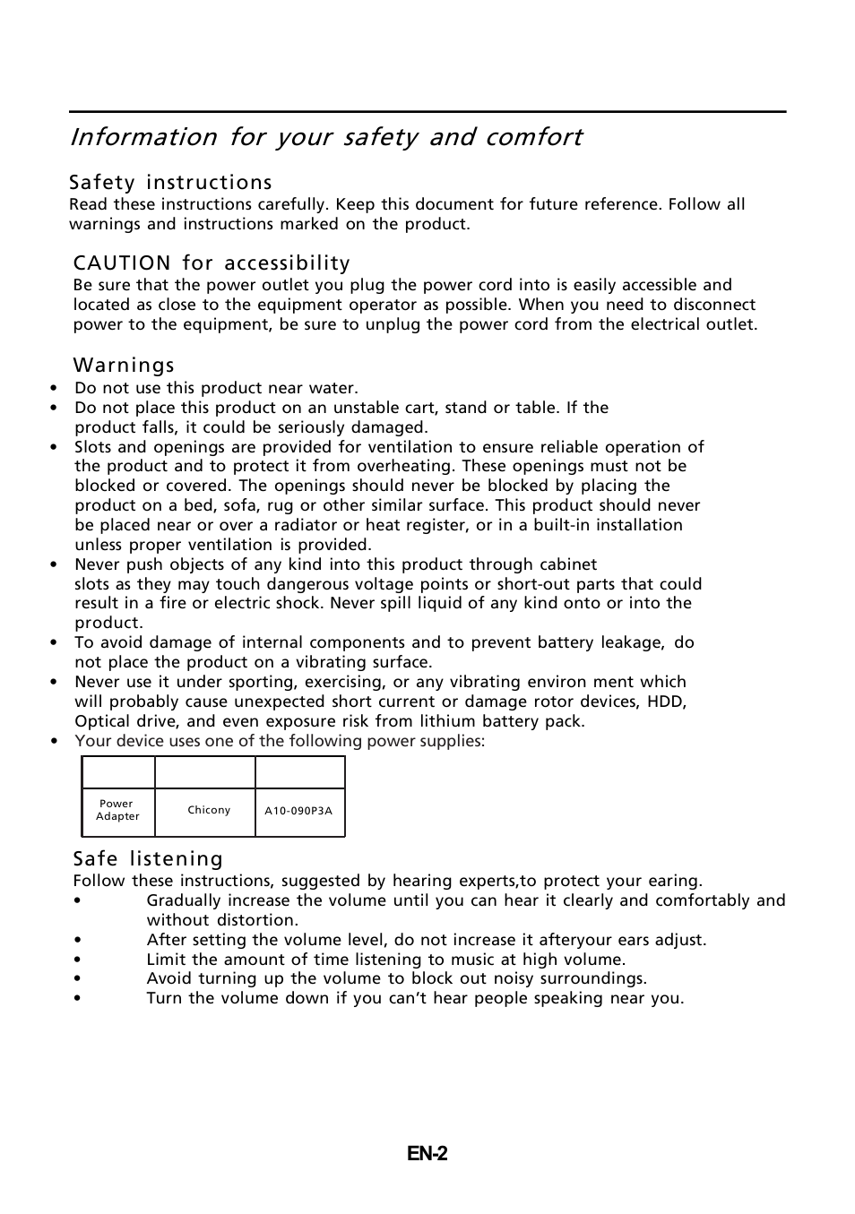 Information for your safety and, Comfort, En-2 | Safety instructions, Caution for accessibility, Warnings, Safe listening | Acer T272HUL User Manual | Page 3 / 24