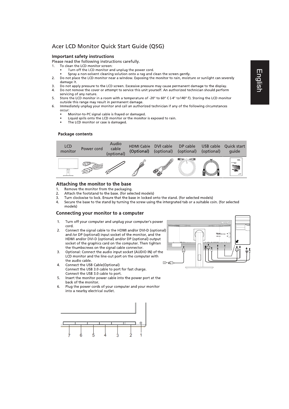 Important safety instructions, Package contents, Acer lcd monitor quick start guide (qsg) | Acer B296CL User Manual | Page 2 / 5