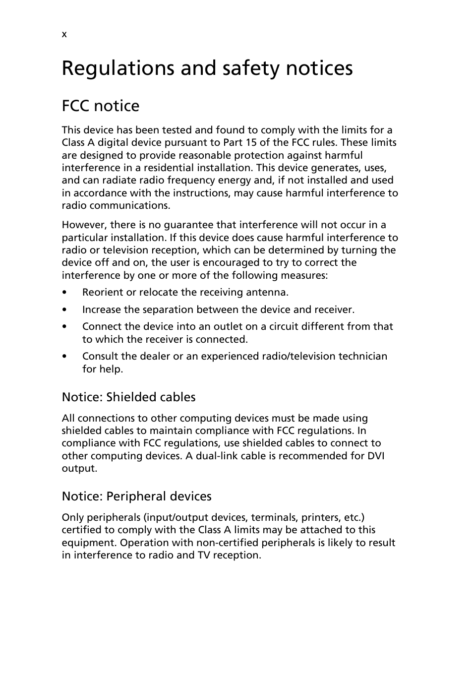 Regulations and safety notices, Fcc notice | Acer AR180 F1 User Manual | Page 10 / 178