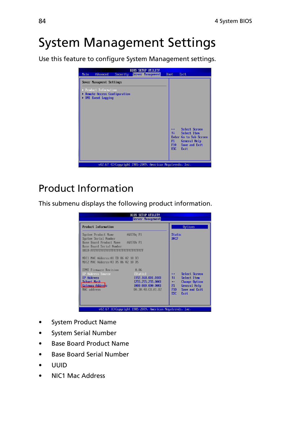 System management settings, Product information | Acer AR180 F1 User Manual | Page 102 / 178