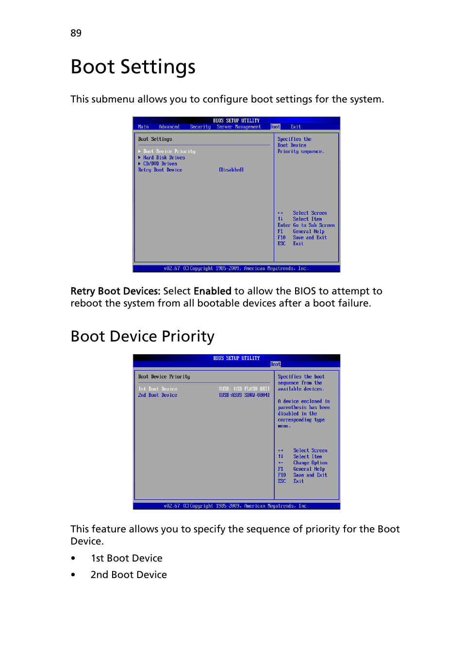 Boot settings, Boot device priority | Acer AR180 F1 User Manual | Page 107 / 178