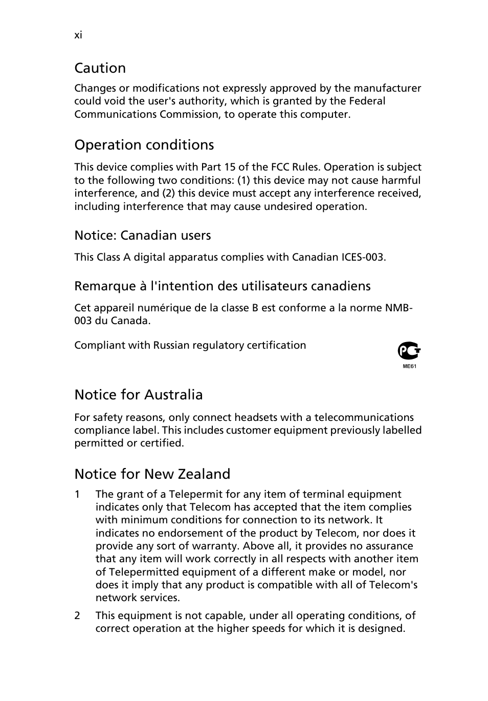 Caution, Operation conditions, Notice for australia | Notice for new zealand | Acer AR180 F1 User Manual | Page 11 / 178