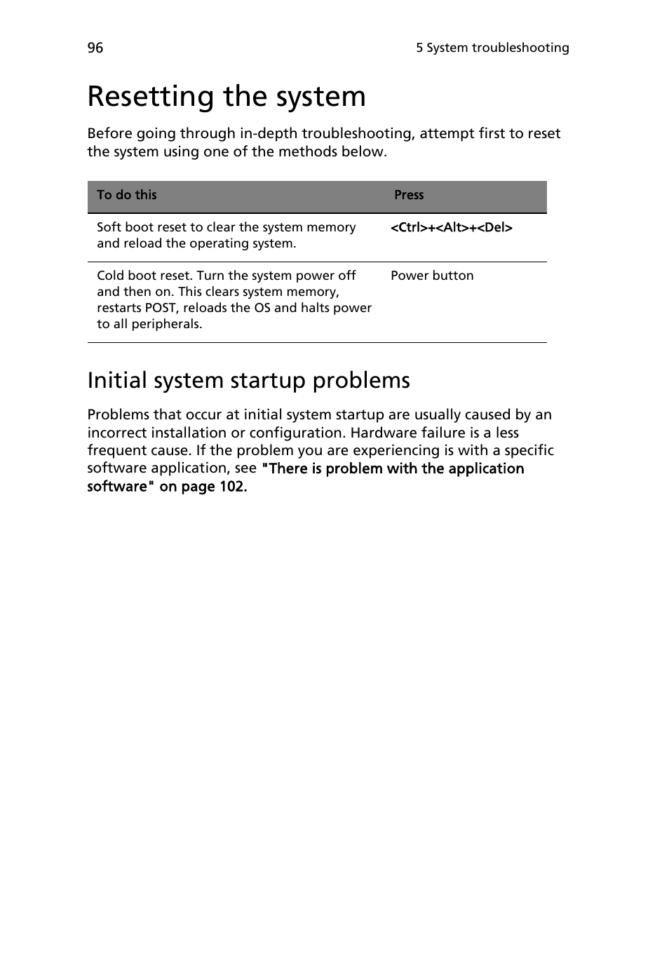 Resetting the system, Initial system startup problems | Acer AR180 F1 User Manual | Page 114 / 178