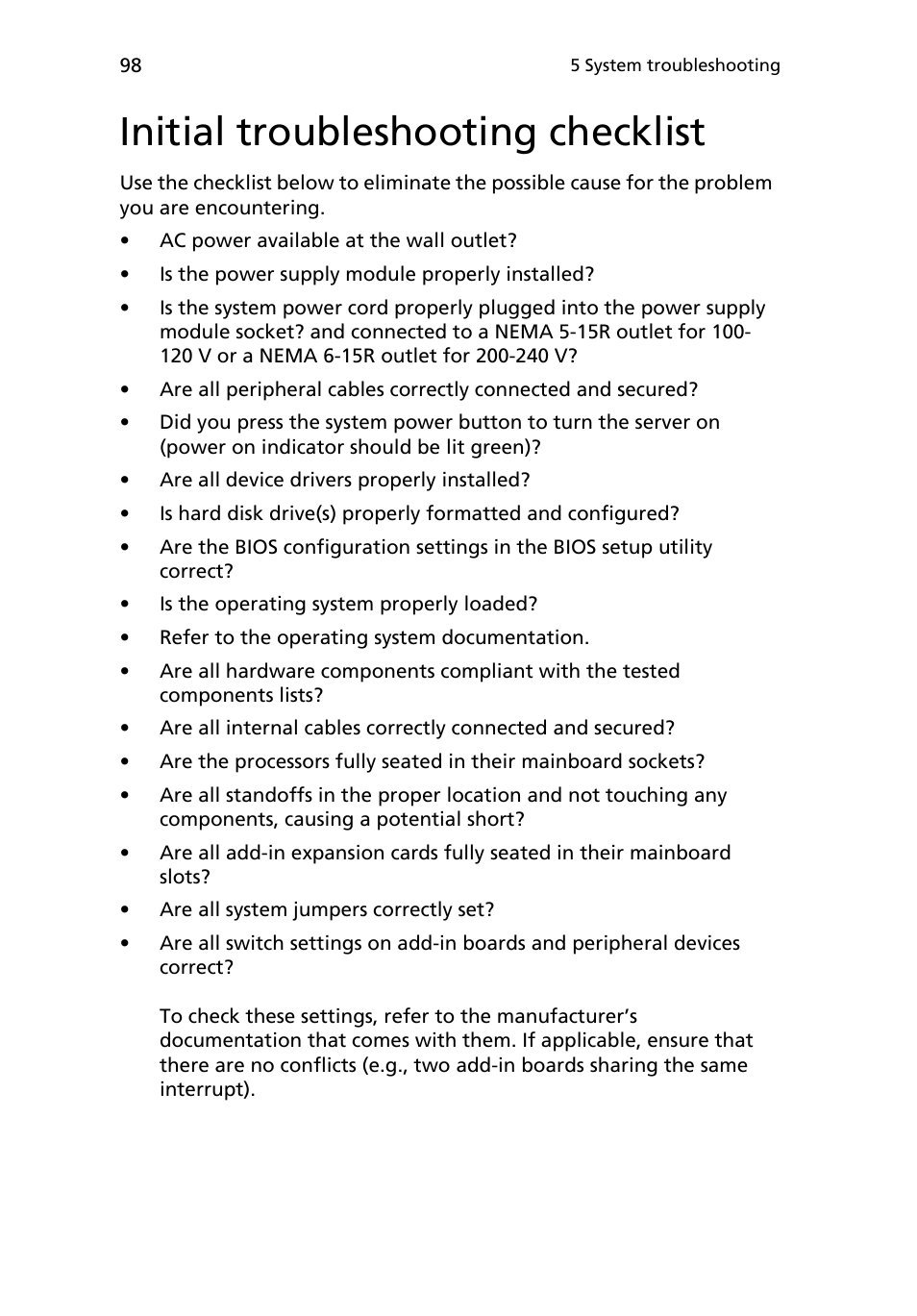 Initial troubleshooting checklist | Acer AR180 F1 User Manual | Page 116 / 178