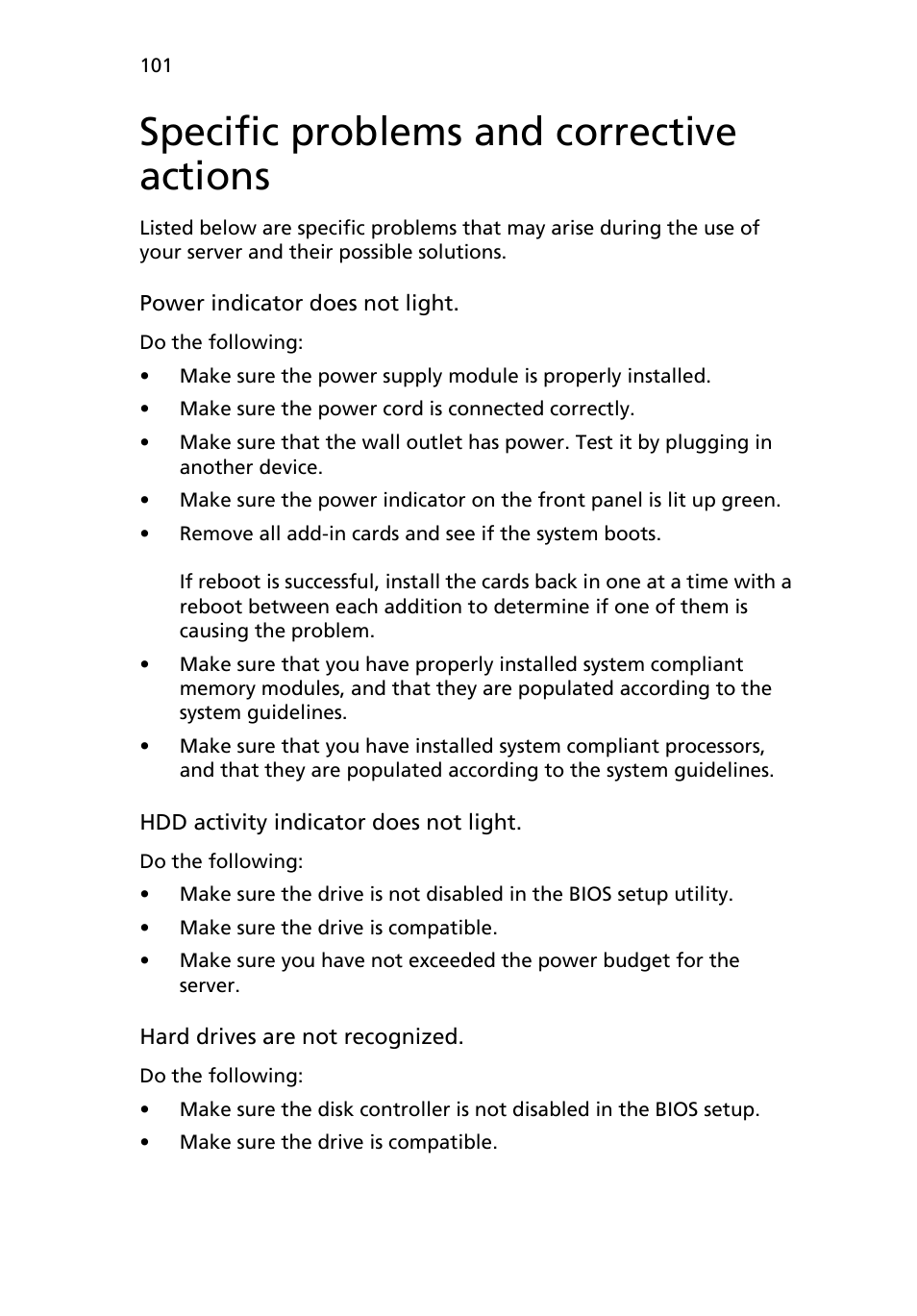 Specific problems and corrective actions | Acer AR180 F1 User Manual | Page 119 / 178