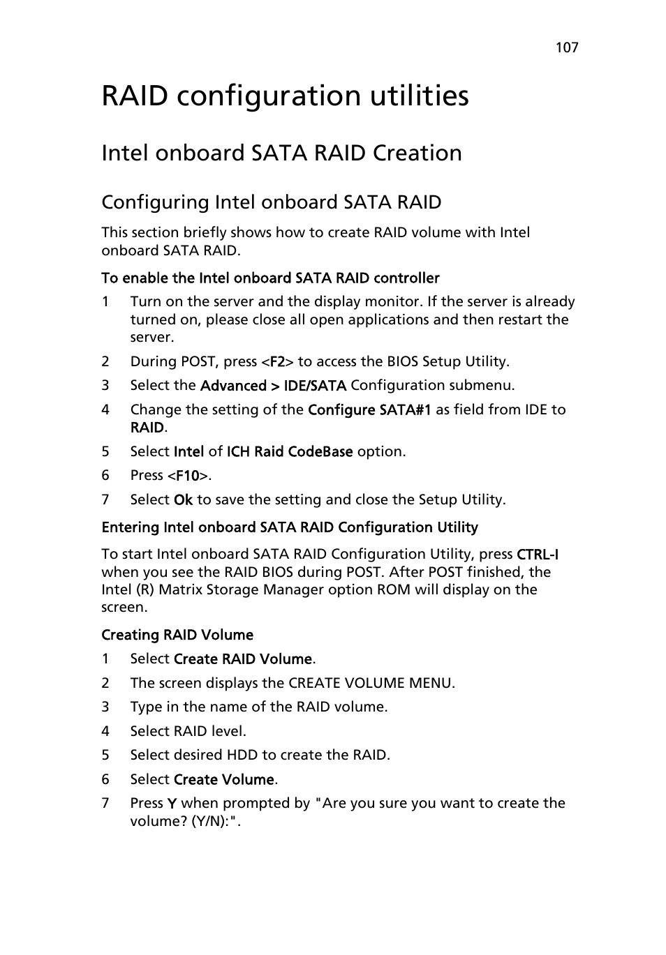 Raid configuration utilities, Intel onboard sata raid creation, Configuring intel onboard sata raid | Acer AR180 F1 User Manual | Page 125 / 178