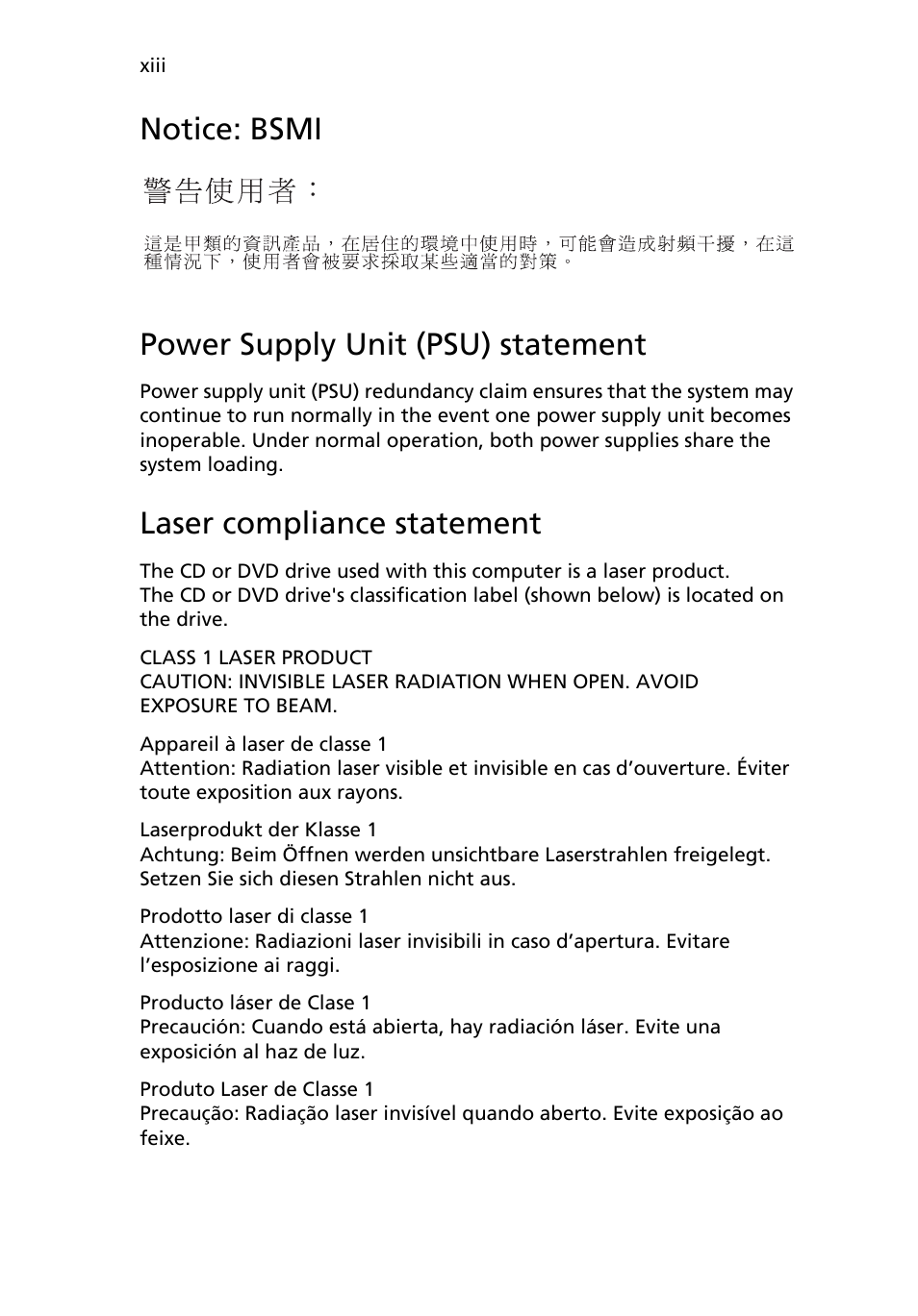 Notice: bsmi, Power supply unit (psu) statement, Laser compliance statement | Notice: bsmi power supply unit (psu) statement | Acer AR180 F1 User Manual | Page 13 / 178