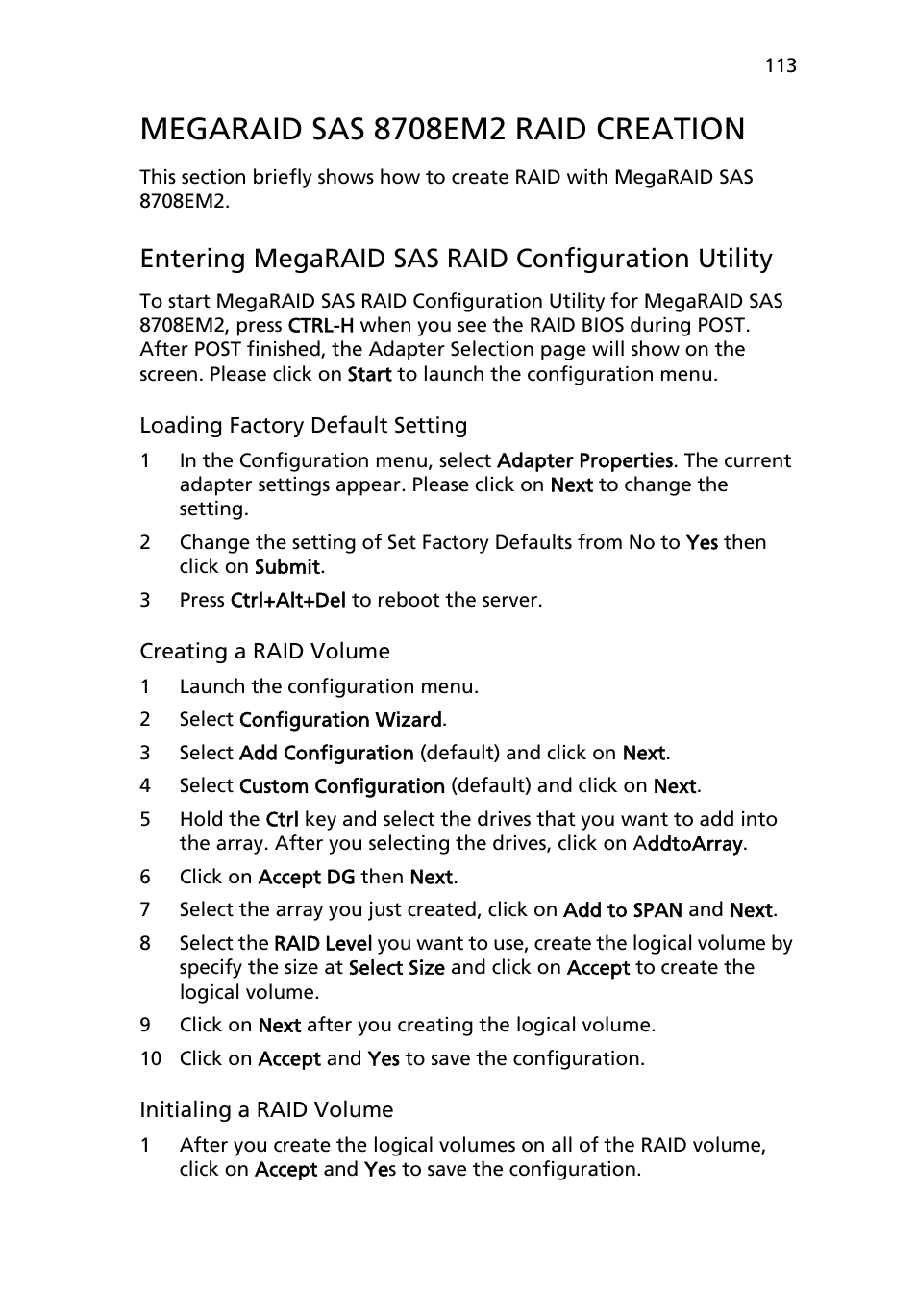 Megaraid sas 8708em2 raid creation, Entering megaraid sas raid configuration utility | Acer AR180 F1 User Manual | Page 131 / 178