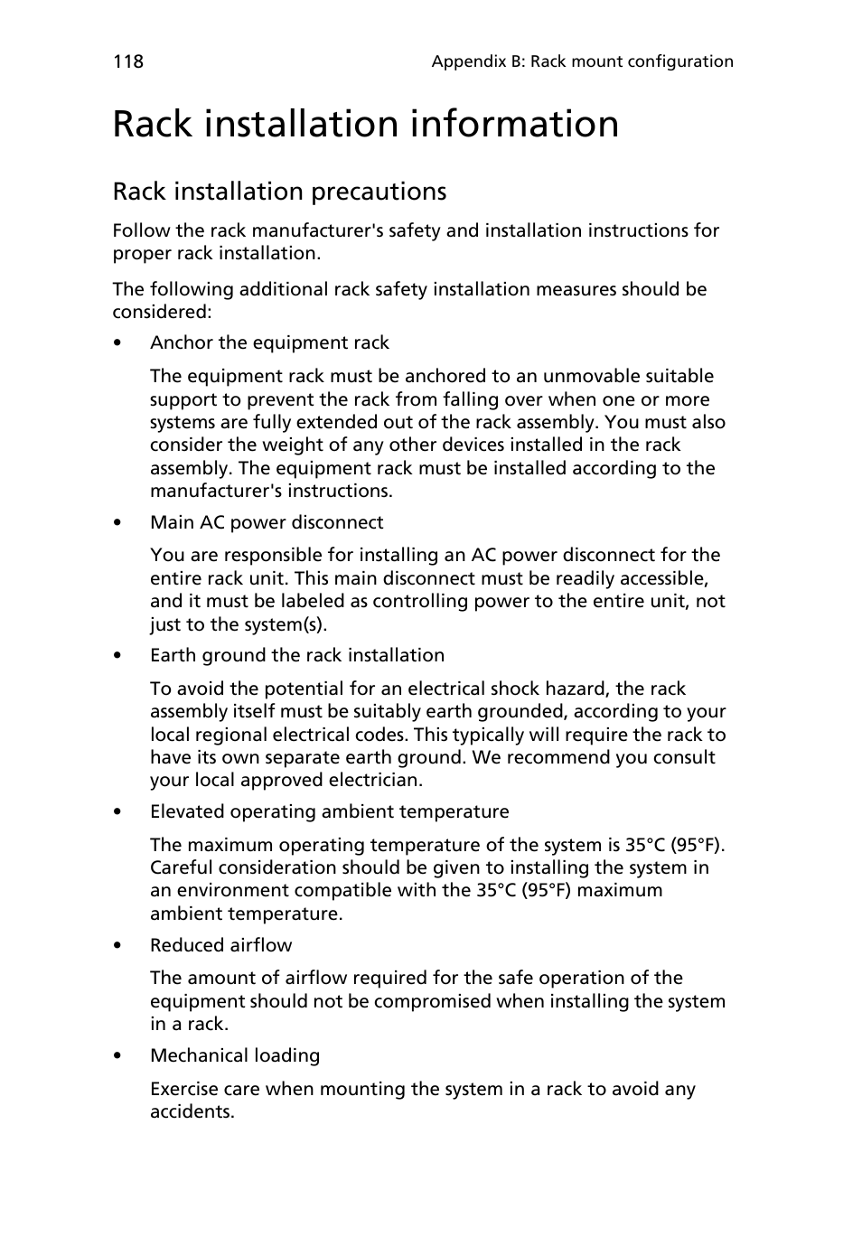 Rack installation information, Rack installation precautions | Acer AR180 F1 User Manual | Page 136 / 178