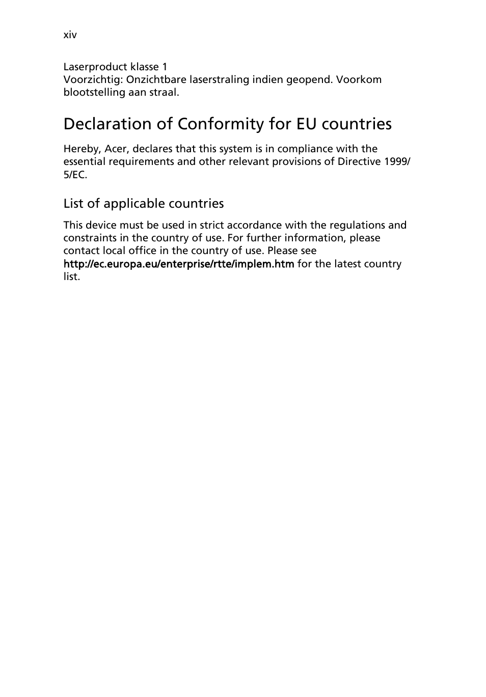 Declaration of conformity for eu countries | Acer AR180 F1 User Manual | Page 14 / 178