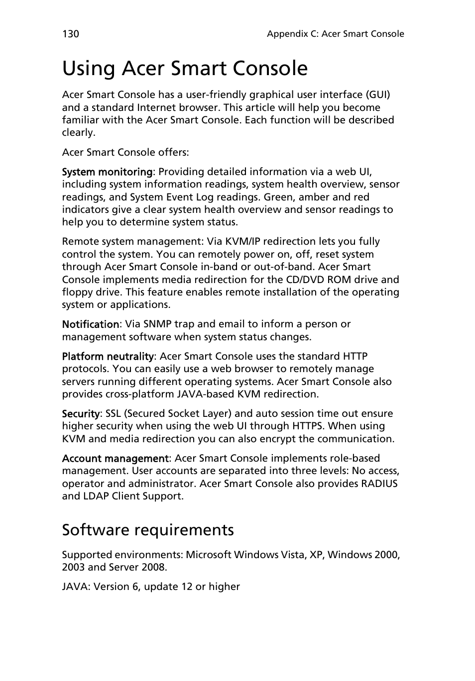 Using acer smart console, Software requirements | Acer AR180 F1 User Manual | Page 148 / 178