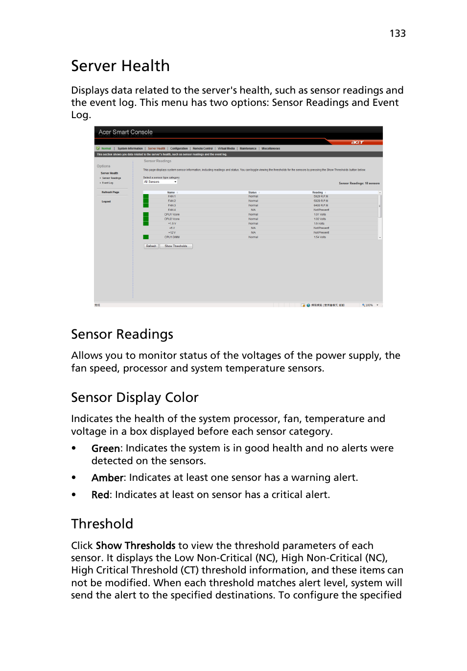 Server health, Sensor readings, Sensor display color | Threshold | Acer AR180 F1 User Manual | Page 151 / 178