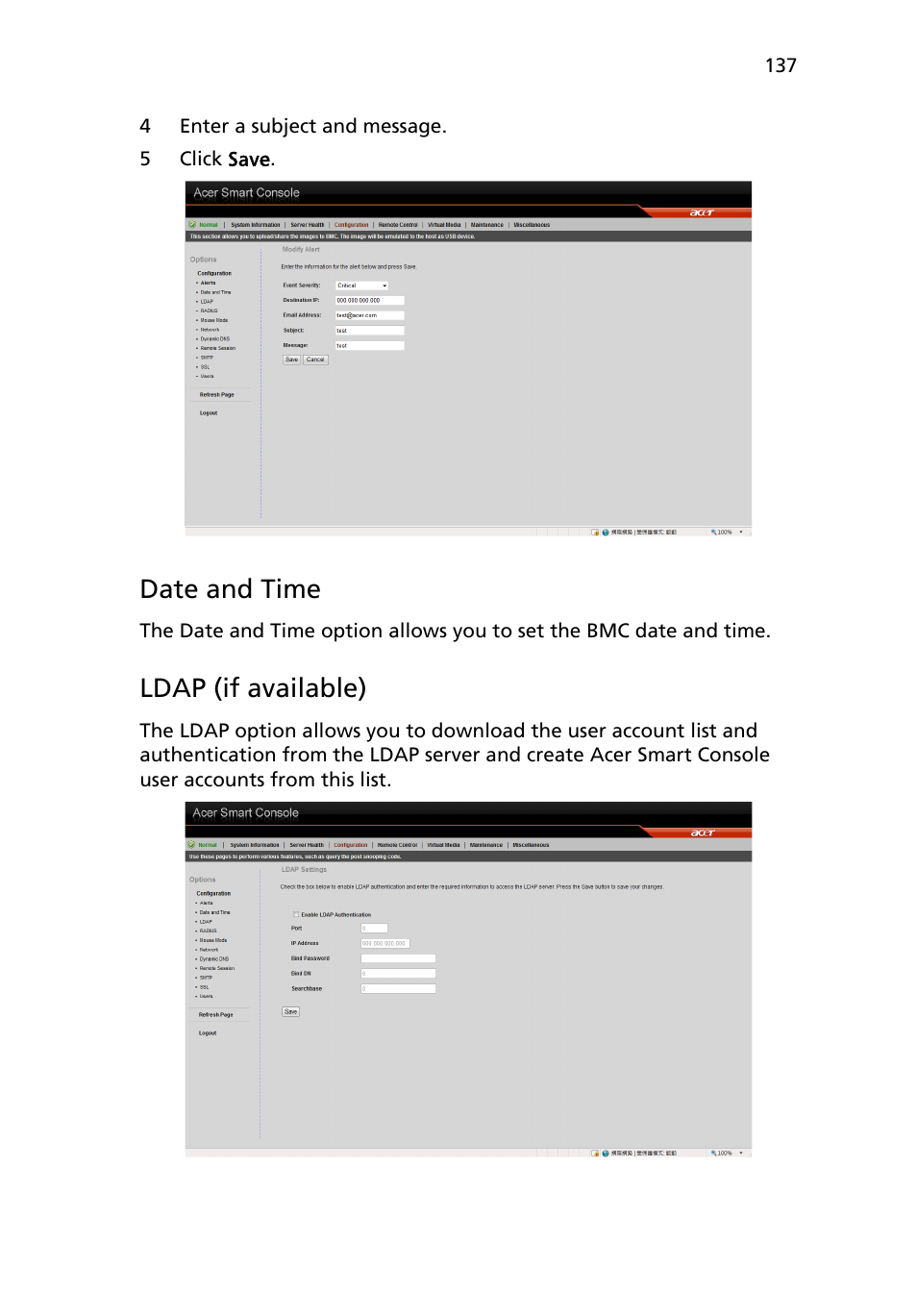 Date and time, Ldap (if available) | Acer AR180 F1 User Manual | Page 155 / 178