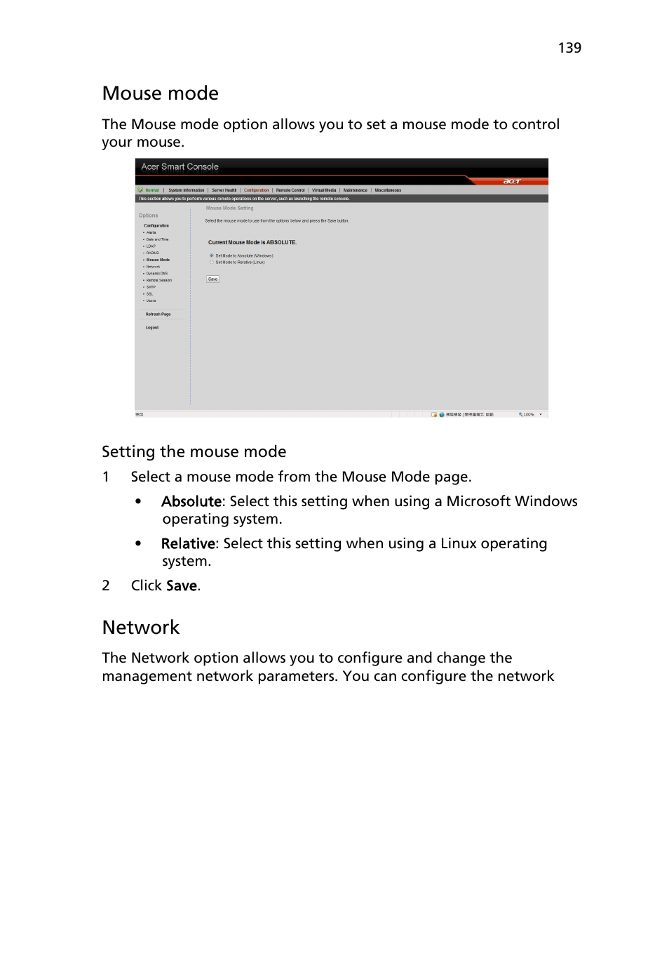 Mouse mode, Network | Acer AR180 F1 User Manual | Page 157 / 178