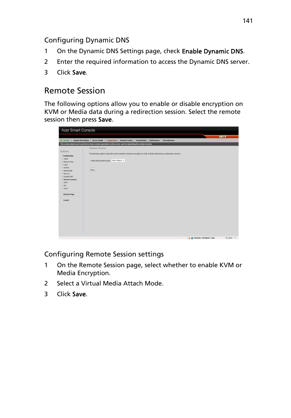 Remote session | Acer AR180 F1 User Manual | Page 159 / 178