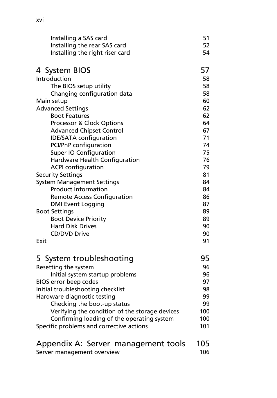 4 system bios 57, 5 system troubleshooting 95, Appendix a: server management tools 105 | Acer AR180 F1 User Manual | Page 16 / 178