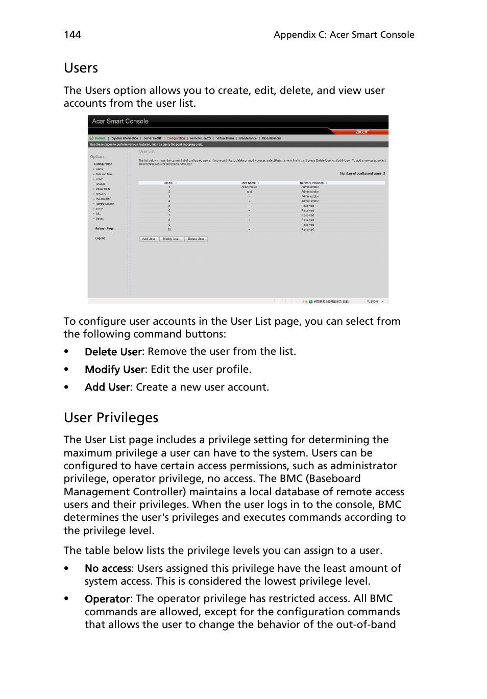 Users, User privileges | Acer AR180 F1 User Manual | Page 162 / 178