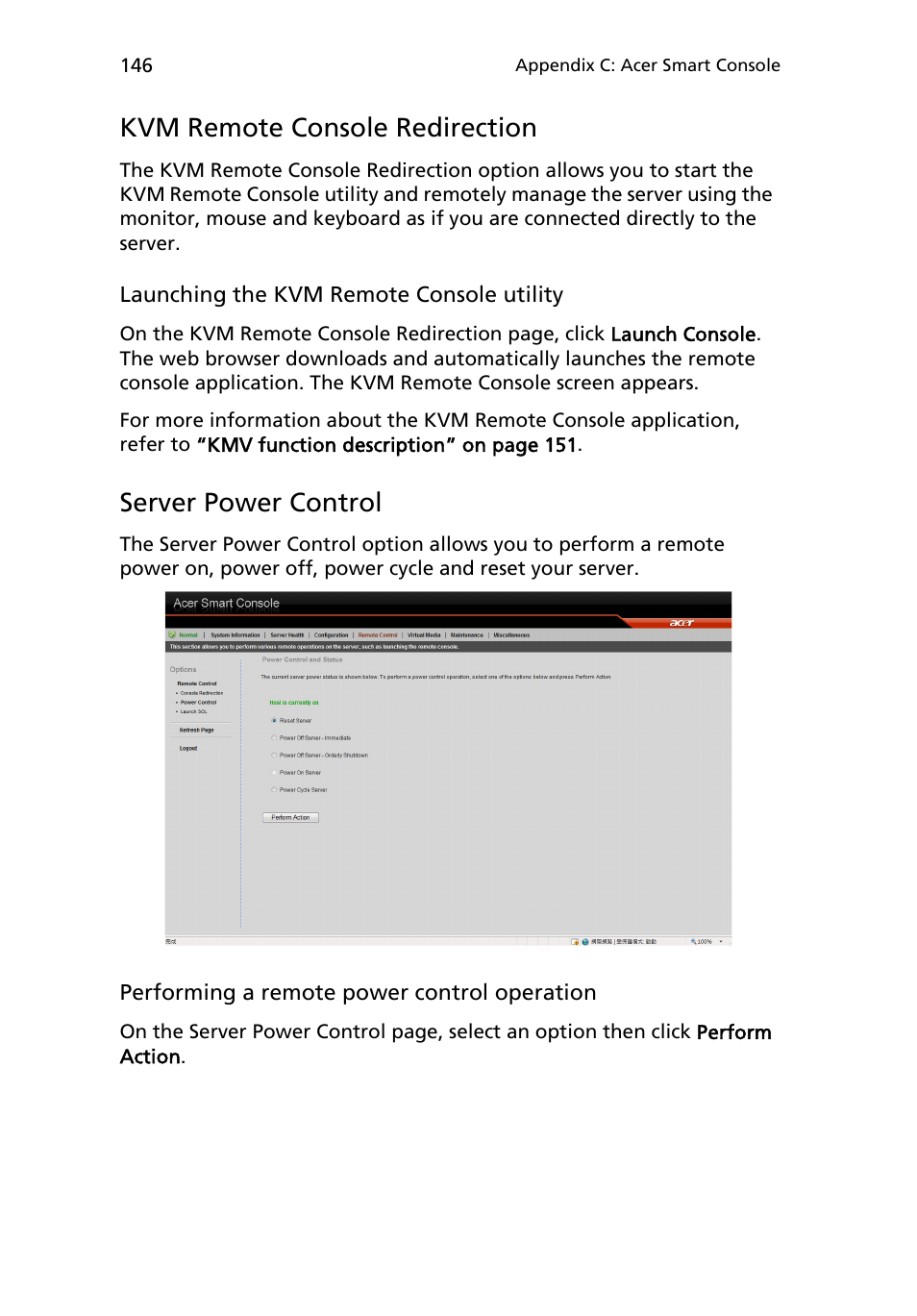 Kvm remote console redirection, Server power control | Acer AR180 F1 User Manual | Page 164 / 178