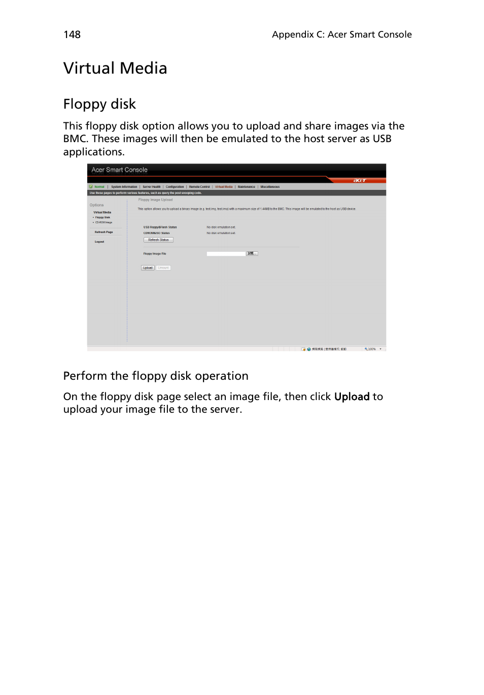 Virtual media, Floppy disk | Acer AR180 F1 User Manual | Page 166 / 178