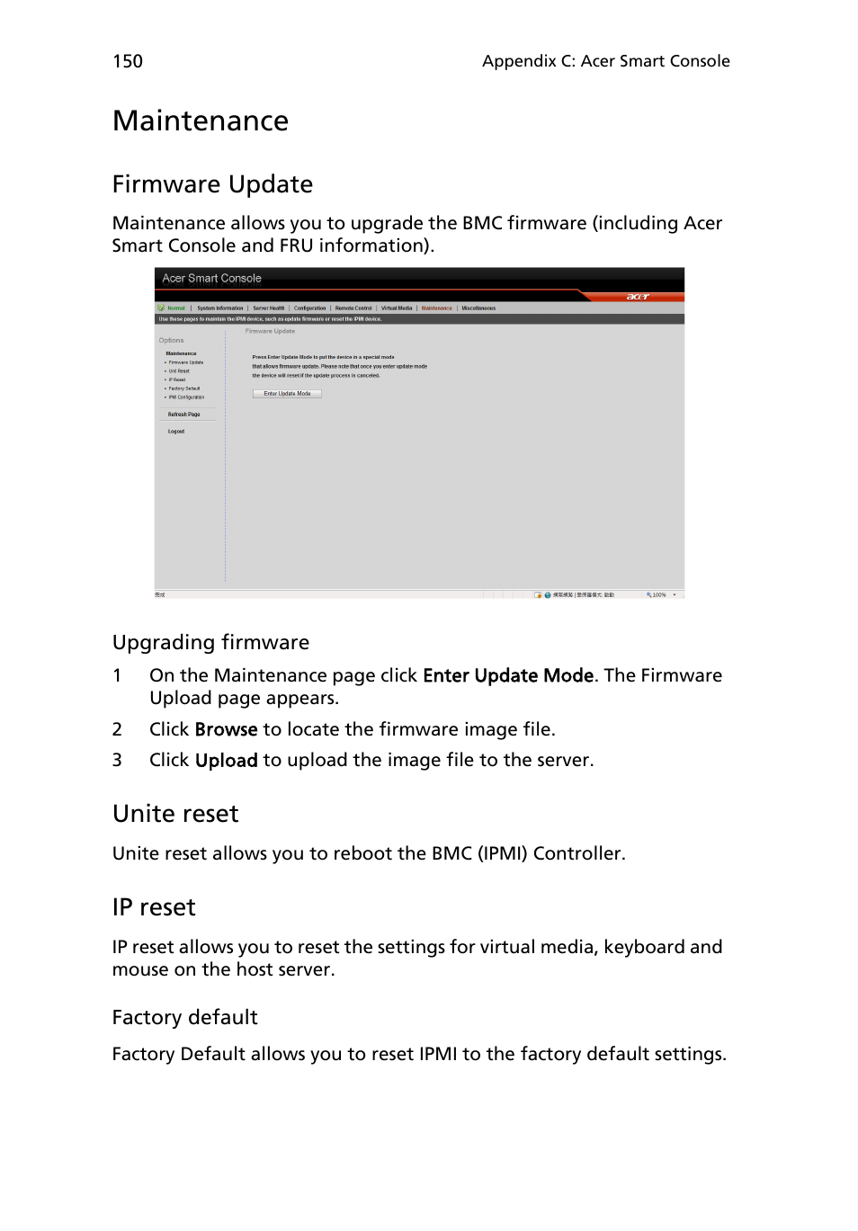 Maintenance, Firmware update, Unite reset | Ip reset | Acer AR180 F1 User Manual | Page 168 / 178