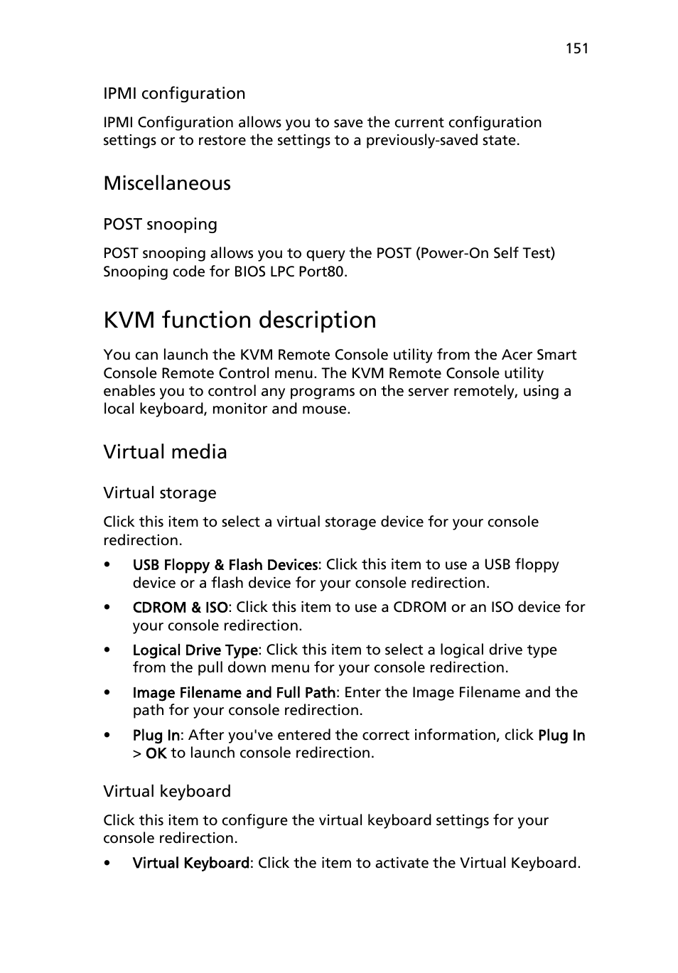 Kvm function description, Miscellaneous, Virtual media | Acer AR180 F1 User Manual | Page 169 / 178
