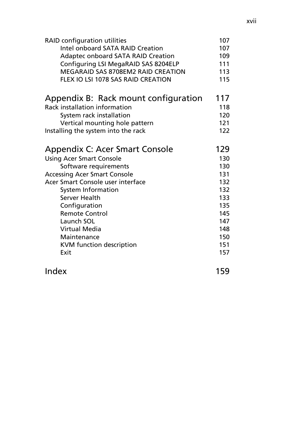 Appendix b: rack mount configuration 117, Appendix c: acer smart console 129, Index 159 | Acer AR180 F1 User Manual | Page 17 / 178