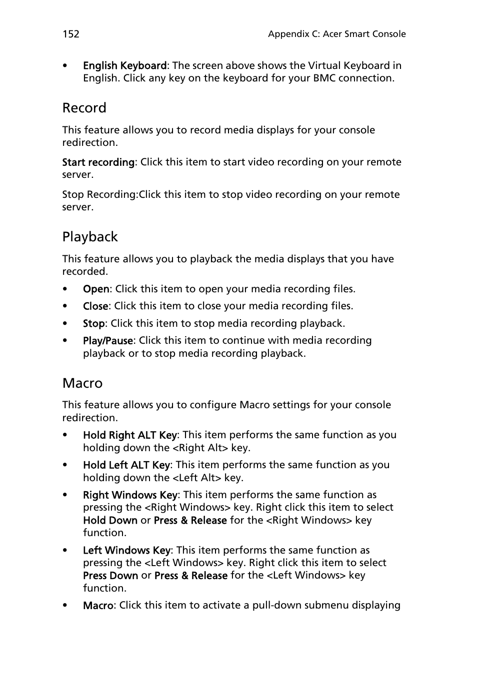 Record, Playback, Macro | Acer AR180 F1 User Manual | Page 170 / 178