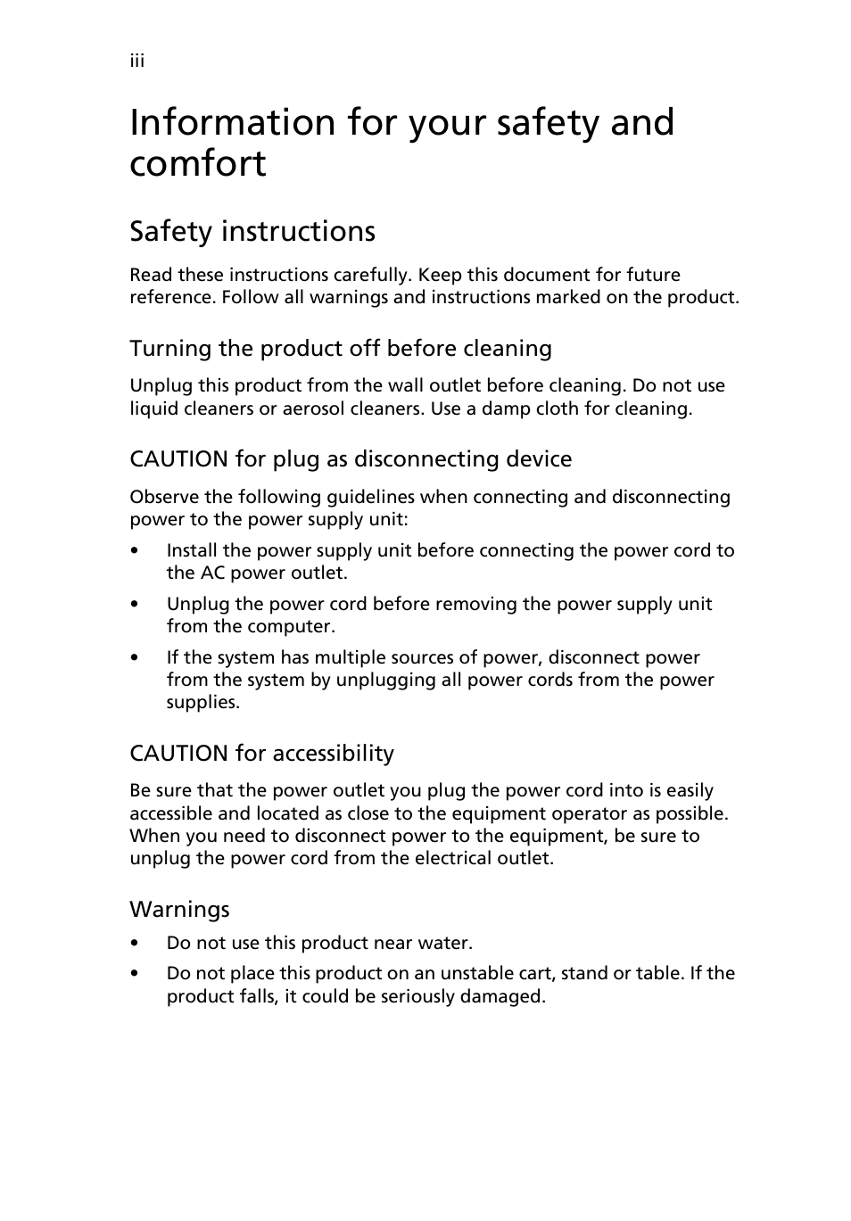 Information for your safety and comfort, Safety instructions | Acer AR180 F1 User Manual | Page 3 / 178