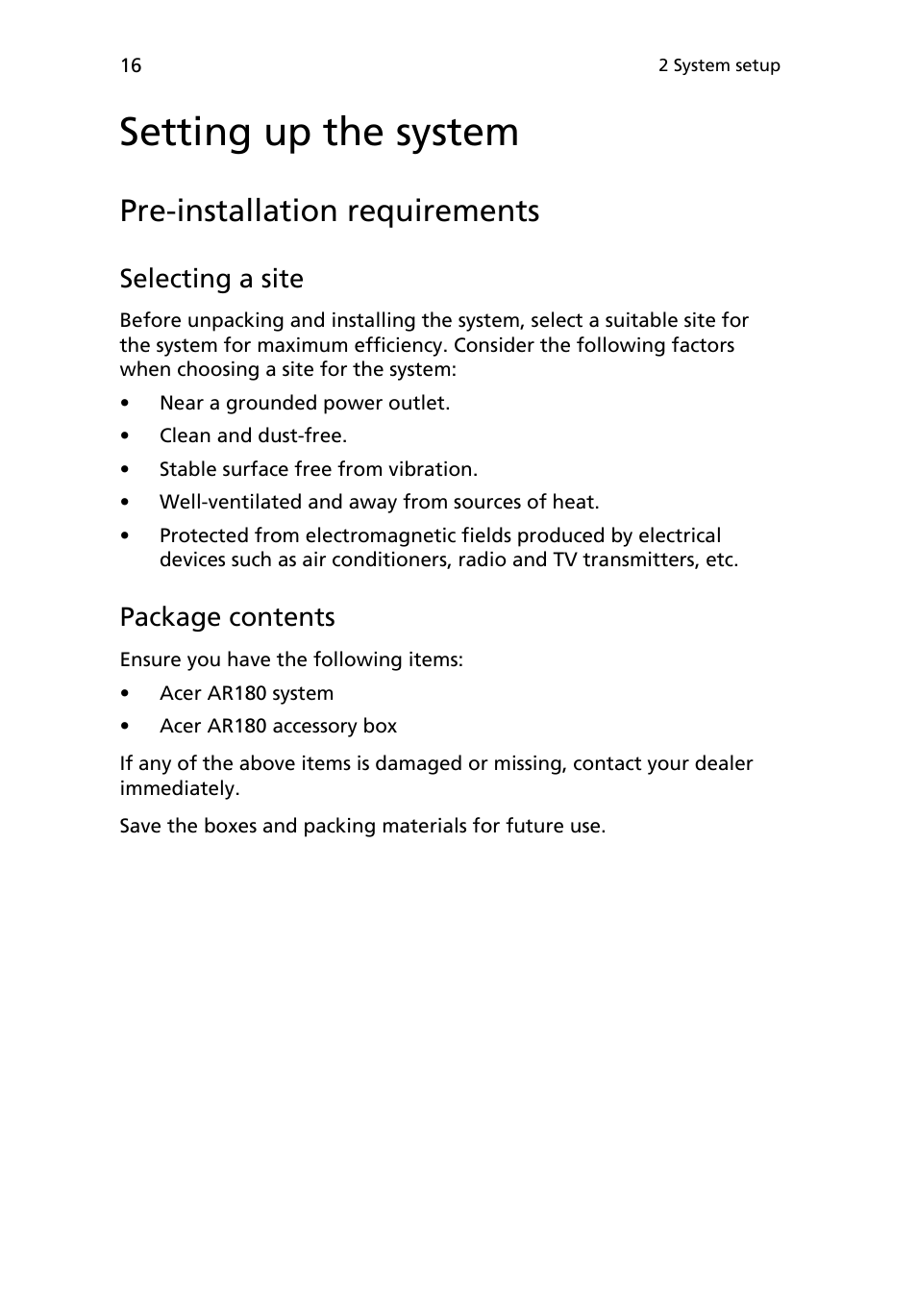 Setting up the system, Pre-installation requirements, Selecting a site | Package contents | Acer AR180 F1 User Manual | Page 34 / 178