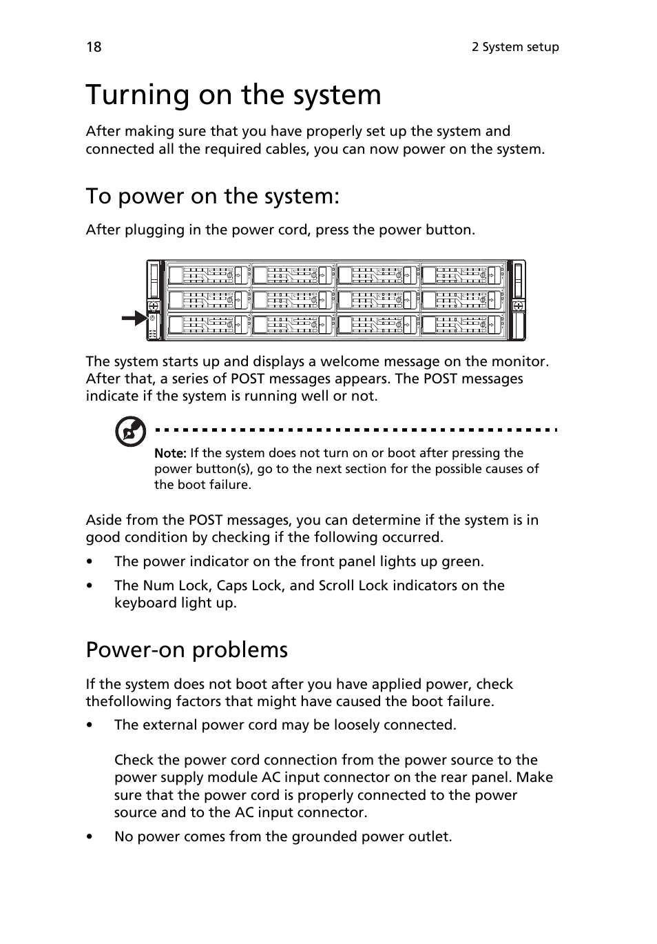 Turning on the system, To power on the system, Power-on problems | Acer AR180 F1 User Manual | Page 36 / 178